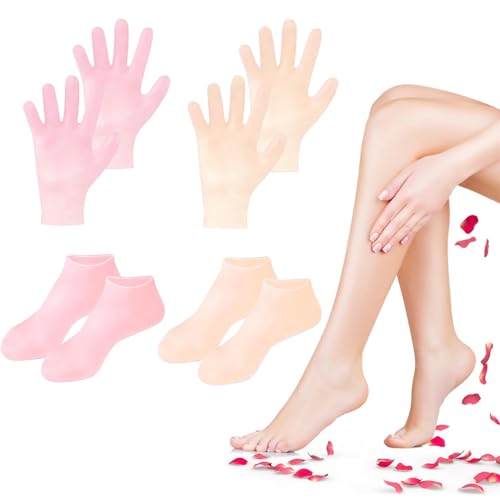 HANNEA 4 Pairs Moisturizing Glove Socks Set, Silicone Gel Spa Socks for Dry Cracked Skin, Silicone Gel Heel Socks Anti Slip, for Foot Hand Softening, Calluses, Foot Care After Pedicure HANNEA 4 Pairs Moisturizing Glove Socks Set, Silicone Gel Spa Socks for Dry Cracked Skin, Silicone Gel Heel Socks Anti Slip, for Foot Hand Softening, Calluses, Foot Care After Pedicure